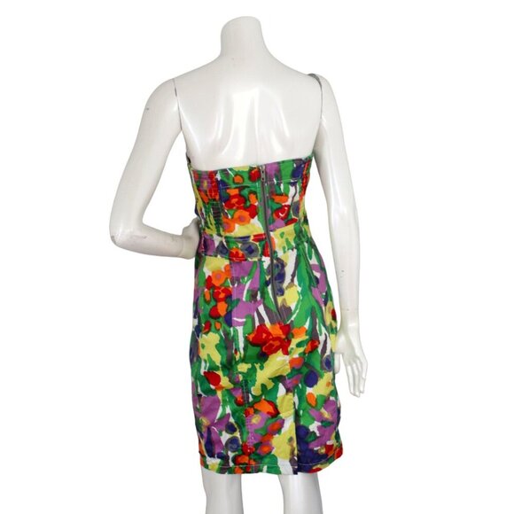 DEPT Strapless Floral Sheath Dress Abstract Bright Print Stretch Smocked Party - Picture 3 of 13